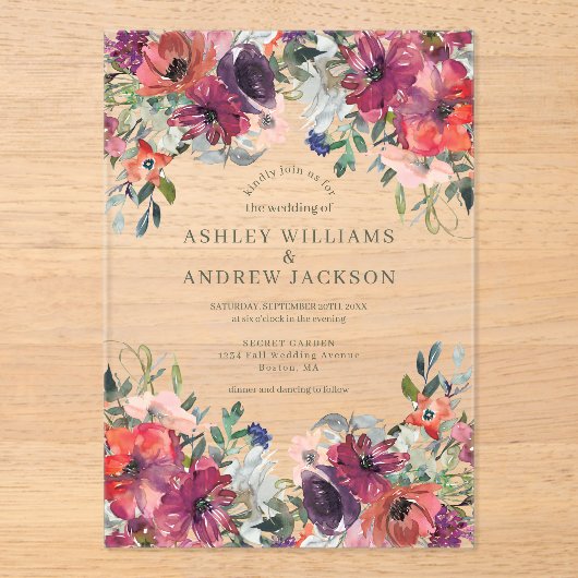 Bourgondische Waterverf Bloemen Rustieke Tuin Huwe Acryl Uitnodigingen (Voorkant)