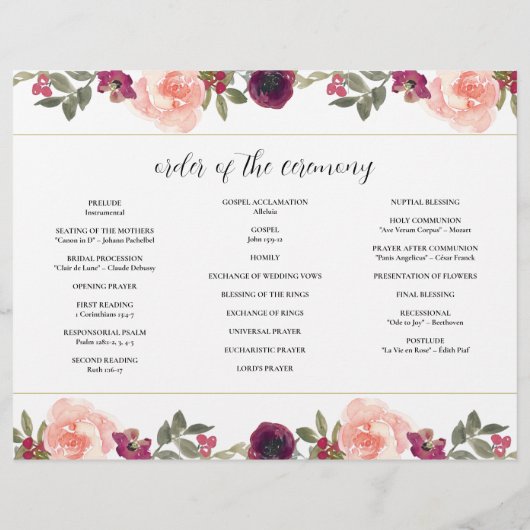 Bourgondische Waterverf Bloemen Trifold Wedding Pr Flyer (Achterkant)