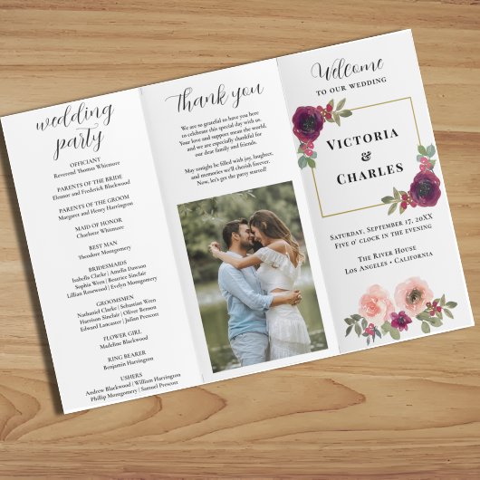 Bourgondische Waterverf Bloemen Trifold Wedding Pr Flyer