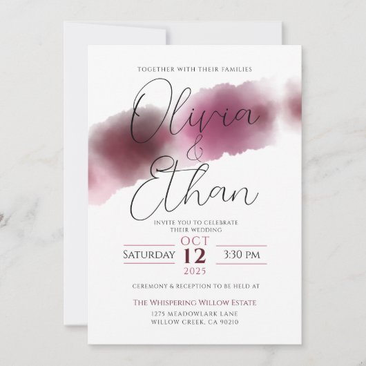 Bourgondische Waterverf bruiloft - Elegant script Kaart (Voorkant)