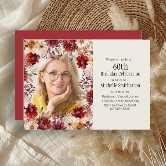 Bourgondische Waterverf Floral 60th Birthday Foto Kaart