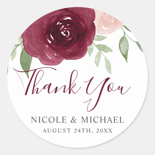 Bourgondische Waterverf Floral bruiloft gunst dank Ronde Sticker (Voorkant)