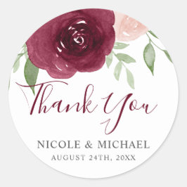 Bourgondische Waterverf Floral bruiloft gunst dank Ronde Sticker