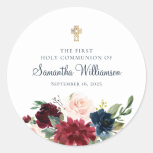Bourgondische Waterverf Floral First Holy Communio Ronde Sticker