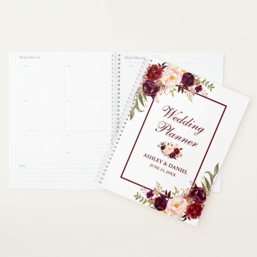 Bourgondische Waterverf Floral Gold Bruiloft Planner (Display)