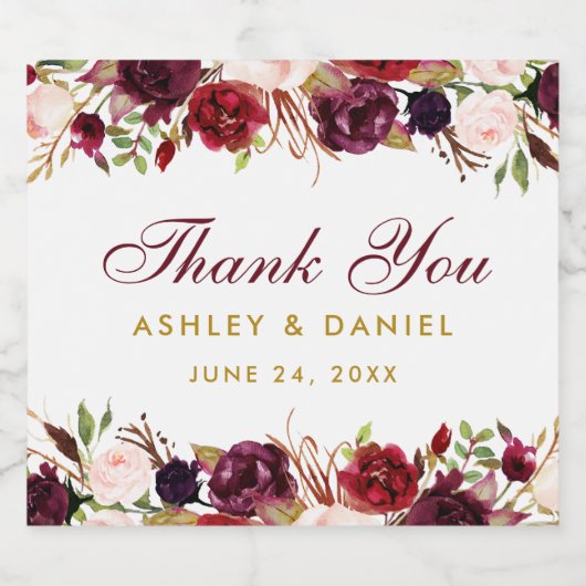 Bourgondische Waterverf Floral Gold Bruiloft Sparkling Wijnetiket (Enkel label)
