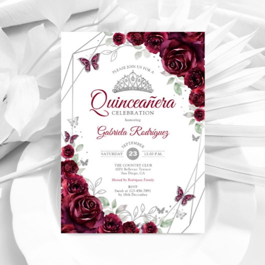 Bourgondische Waterverf Floral Quinceanera Kaart