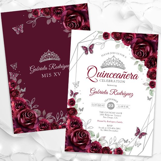 Bourgondische Waterverf Floral Quinceanera Kaart