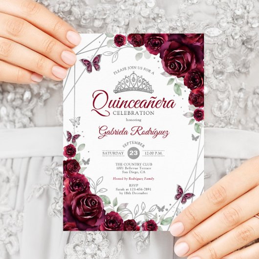 Bourgondische Waterverf Floral Quinceanera Kaart
