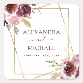 Bourgondische Waterverf Geometrische bloemenbruilo Vierkante Sticker