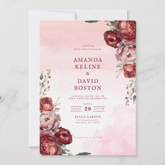 Bourgondische Waterverf Peony bruiloft uitnodiging (Voorkant)