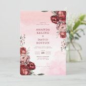 Bourgondische Waterverf Peony bruiloft uitnodiging (Staand voorkant)
