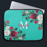 Bourgondische Waterverf Peony Roos Floral Monogram Laptop Sleeve<br><div class="desc">Bourgondische waterverf botanische pioen roos bloemengirly Laptop Sleeve. Bourgogne, marsala, witte waterverf pioenroos rozen, botanische bloemige chich ontwerp met donkergroene bladeren en bessen op aqua of turquoise achtergrond. Een stijlvol handgeschreven typografisch ontwerp met jouw naam, Monogram en herfst, winterbordeauxrode pioenroos rozen boeket. Perfecte keuze voor de herfst of het winterseizoen....</div>
