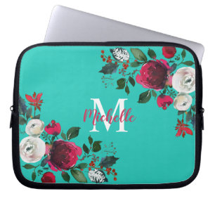 Bourgondische Waterverf Peony Roos Floral Monogram Laptop Sleeve