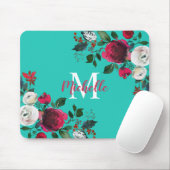 Bourgondische Waterverf Peony Roos Floral Monogram Muismat (Met muis)