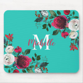 Bourgondische Waterverf Peony Roos Floral Monogram Muismat