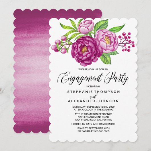 Bourgondische Waterverf Pioenenverlovingsfeest Kaart (Voorkant / Achterkant)