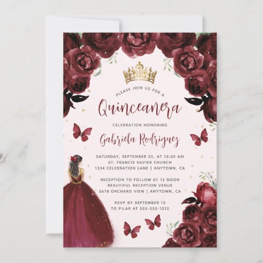 Bourgondische Waterverf Princess Quinceañera Kaart (Voorkant)