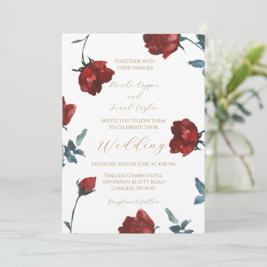 Bourgondische waterverf rode rozen bruiloft uitnod kaart (Staand voorkant)