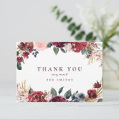 Bourgondische waterverf rustieke boho bloemendank bedankkaart (Staand voorkant)