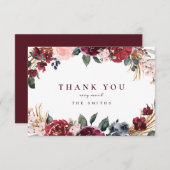 Bourgondische waterverf rustieke boho bloemendank bedankkaart (Voorkant / Achterkant)