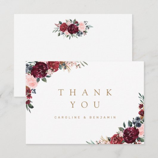 Bourgondische waterverf rustieke boho bloemendank  bedankkaart (Voorkant / Achterkant)