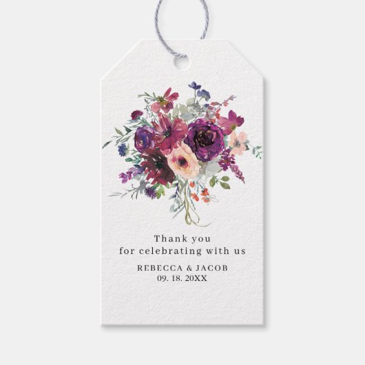 Bourgondische Waterverf Wildflowers Boho Wedding Cadeaulabel (Voorkant)