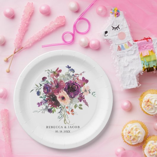 Bourgondische Waterverf Wildflowers Boho Wedding Papieren Bordje (Feest)