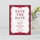 Bourgondische Whimsical Rode Strik Save The Date Kaart (Staand voorkant)