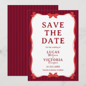 Bourgondische Whimsical Rode Strik Save The Date Kaart (Voorkant / Achterkant)