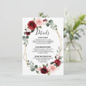 Bourgondische wijn Dusty Blue Slate Wedding Detail Informatiekaartje (Staand voorkant)