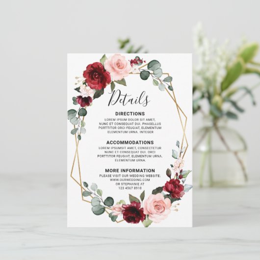 Bourgondische wijn Dusty Blue Slate Wedding Detail Informatiekaartje (Staand voorkant)