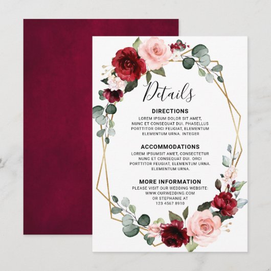 Bourgondische wijn Dusty Blue Slate Wedding Detail Informatiekaartje (Voorkant / Achterkant)