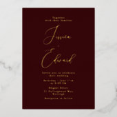 Bourgondische wijn & gouden folie bruiloft folie uitnodiging (Voorkant)