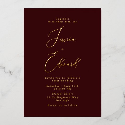 Bourgondische wijn & gouden folie bruiloft folie uitnodiging (Voorkant)