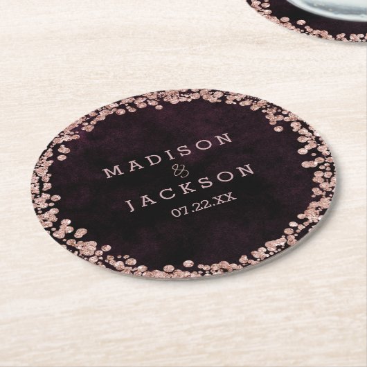 Bourgondische wijn & Roos gouden bruiloft monogram Ronde Kartonnen Onderzetter (Gebogen)