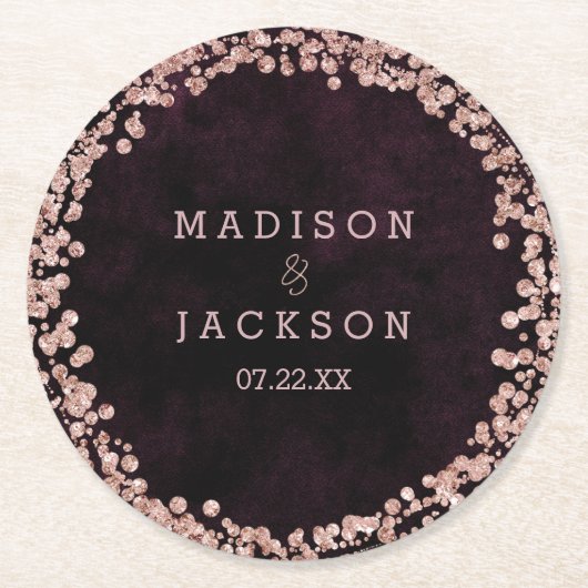 Bourgondische wijn & Roos gouden bruiloft monogram Ronde Kartonnen Onderzetter (Voorkant)