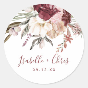 Bourgondische wijn Wildflower bruiloft Ronde Sticker