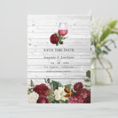 Bourgondische wijnproeverij trouwfoto met bloemen save the date (Staand voorkant)