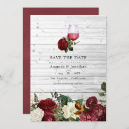 Bourgondische wijnproeverij trouwfoto met bloemen save the date