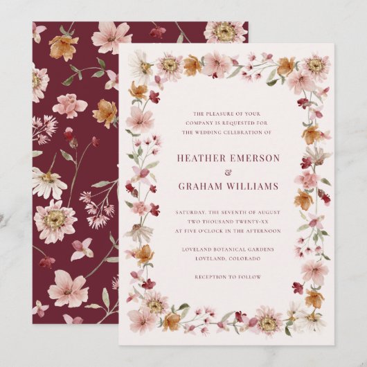 Bourgondische Wilde Bloemen Bruiloft Kaart (Voorkant / Achterkant)
