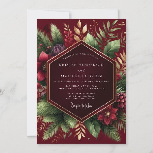 Bourgondische winter botanische bruiloft kaart (Voorkant)