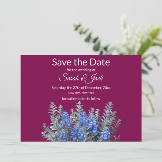 Bourgondische winterbruiloft met Bluebonnet Save The Date (Staand voorkant)