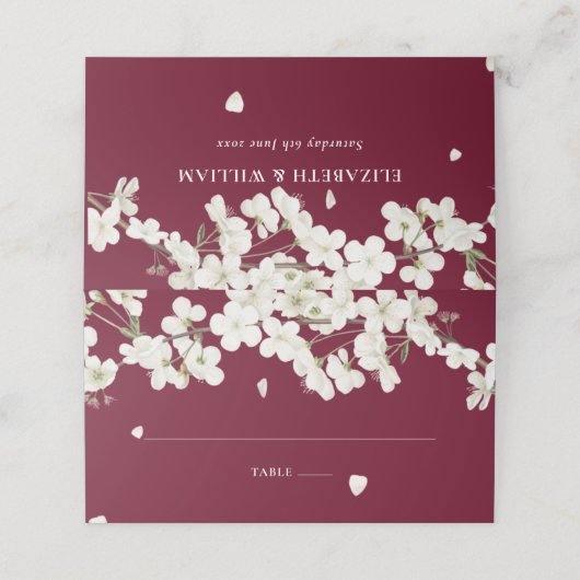  Bourgondische witte bloesem bloemenbruiloft Plaatskaartje (Buitenkant ongevouwen)