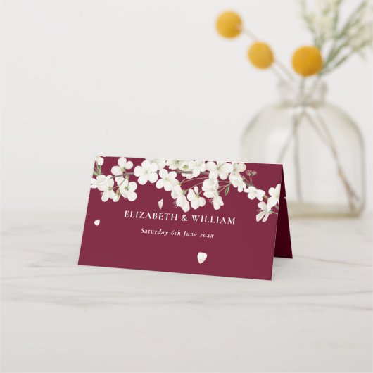  Bourgondische witte bloesem bloemenbruiloft Plaatskaartje