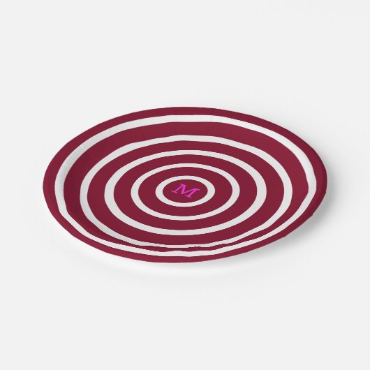 Bourgondische witte cirkels - monogram papieren bordje (Gekanteld)