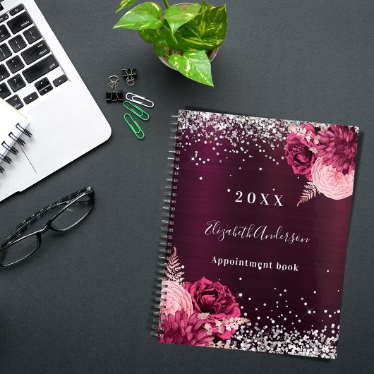 Bourgondische zilveren bloemen sparkle naam 2025 planner