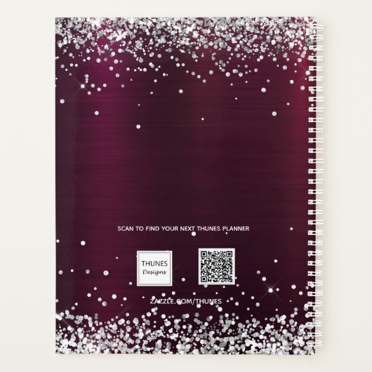 Bourgondische zilveren bloemen sparkle naam 2025 planner (Achterkant)