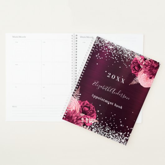Bourgondische zilveren bloemen sparkle naam 2025 planner (Display)