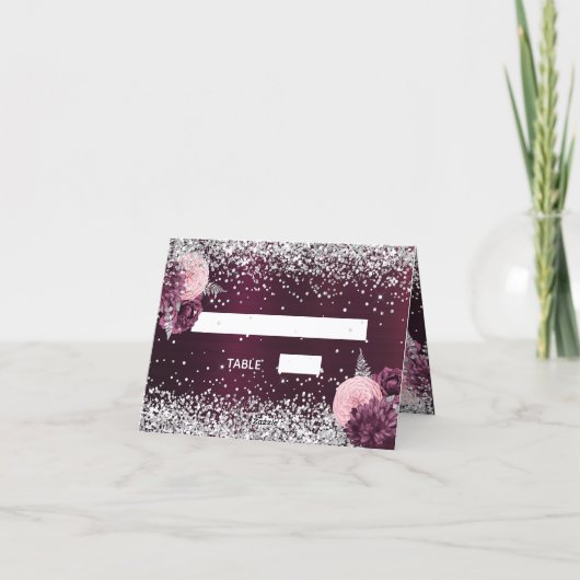 Bourgondische zilveren bloemen trouwkaart kaart (Achterkant)